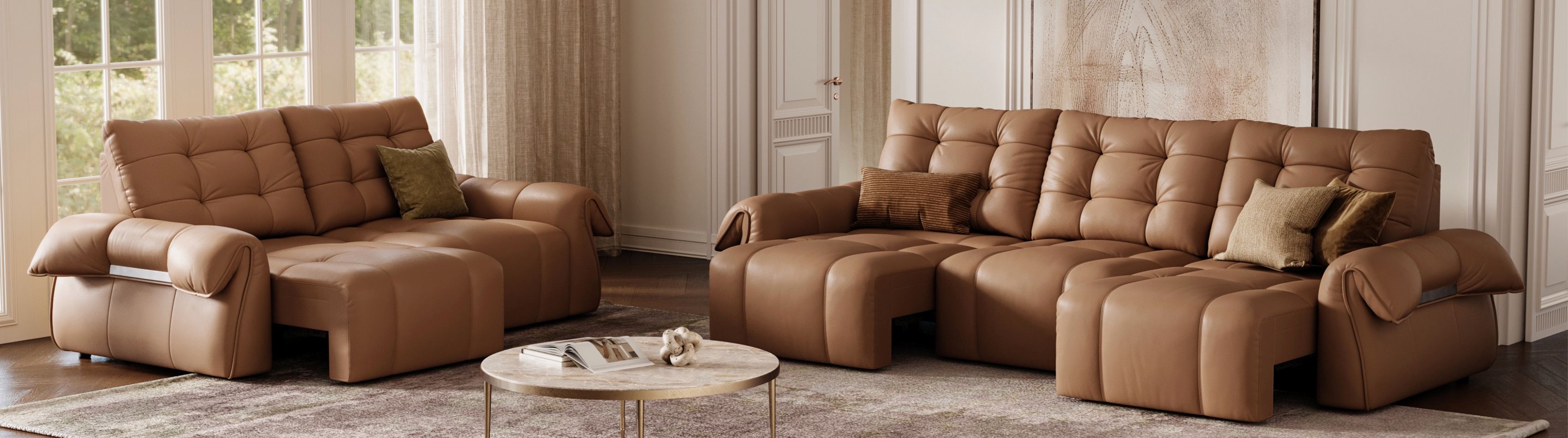 Povison's mid century leather power sofa in a mid century living room