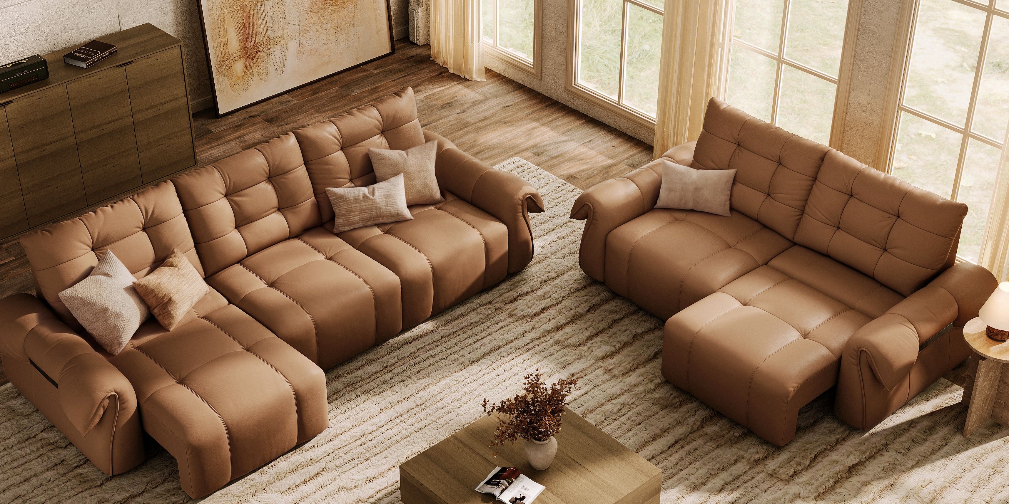 brown leather sofas look good in a modern living room with a wooden coffee table
