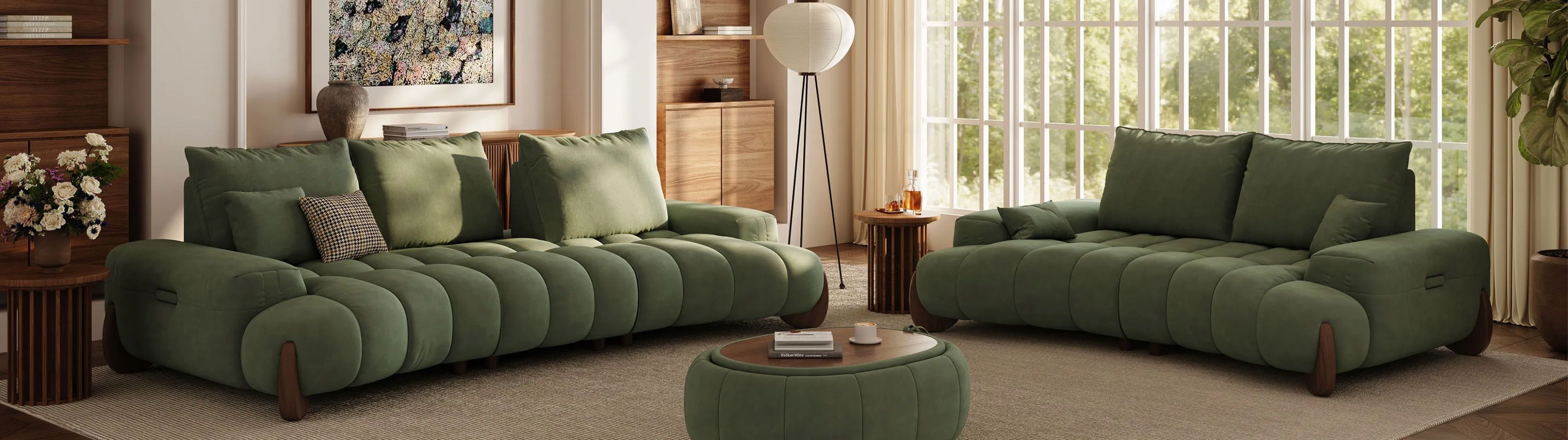 povison's green sofas in a modern living room
