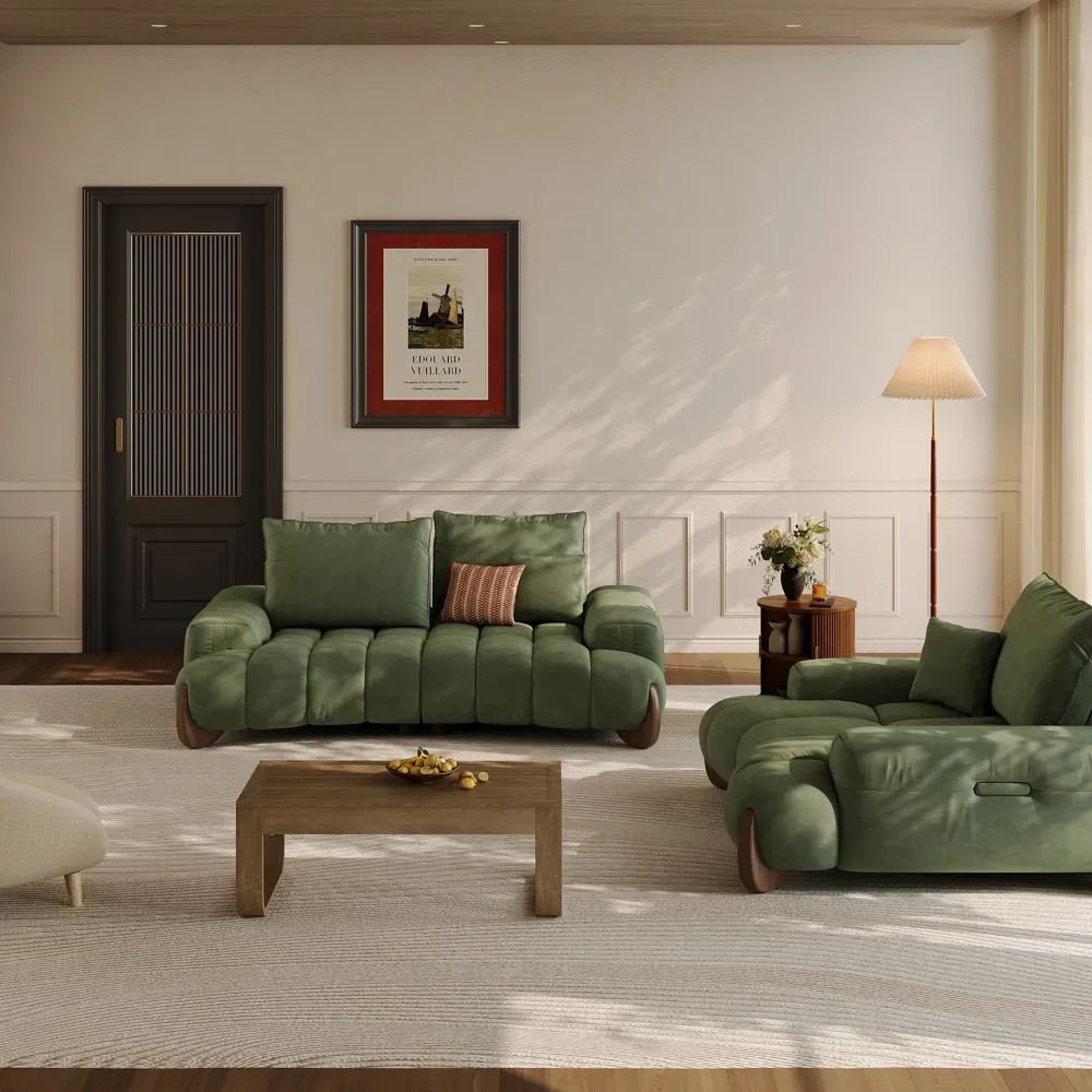 Green chenille sofa set in a mid-century modern house