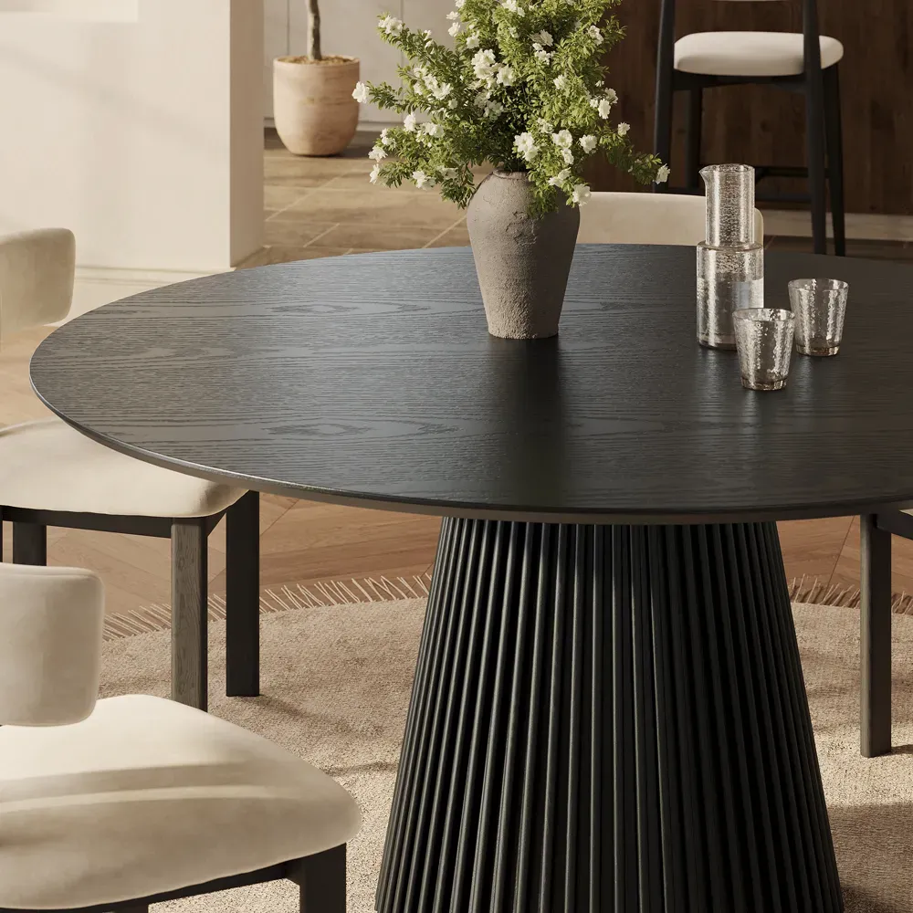 Stone, Wood, and Metal Details of Black Dining Table