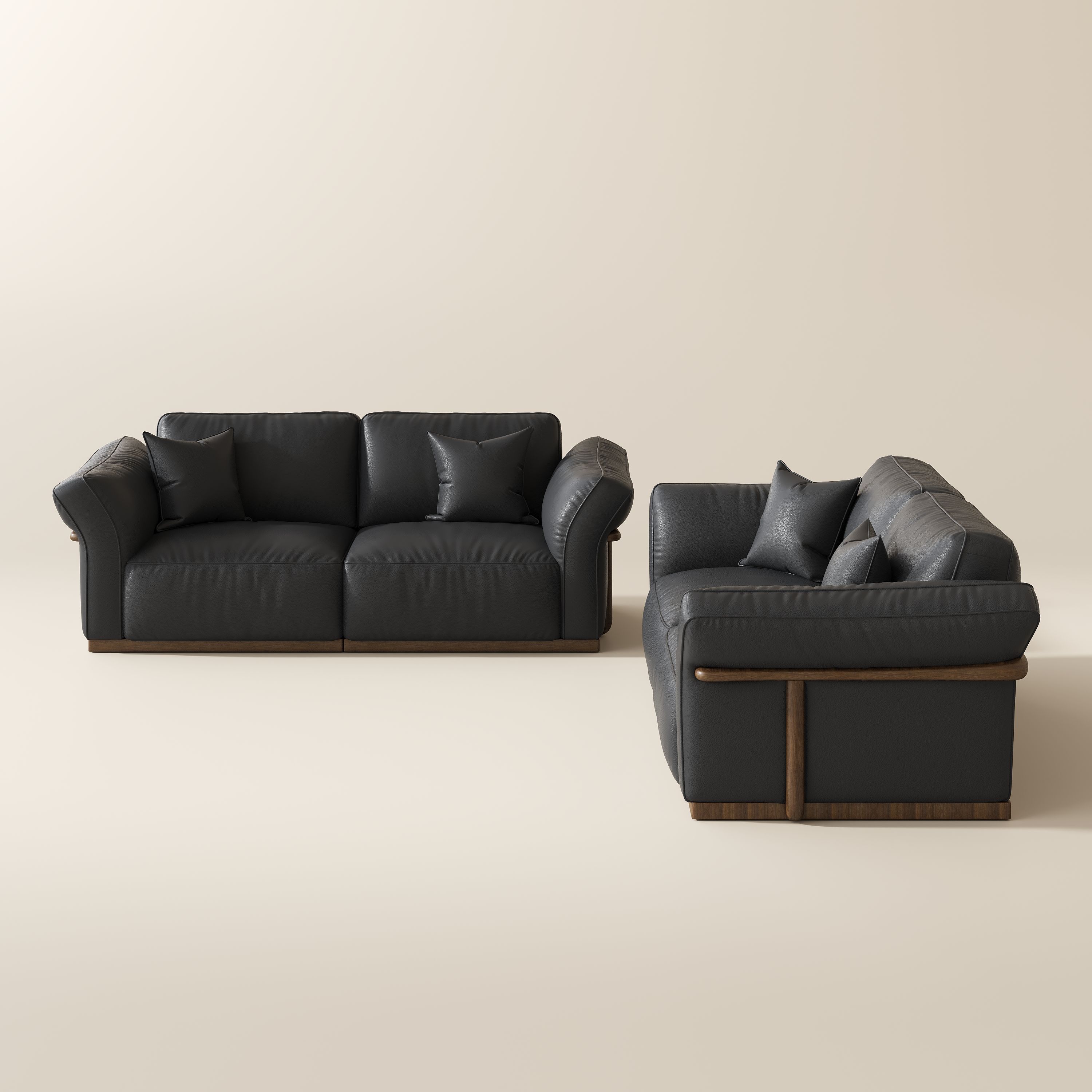 Apartment Black Top Grain Leather Modular Sofas