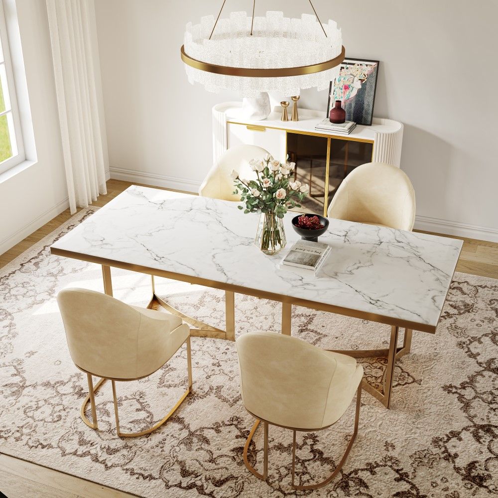 Modern Luxury White Faux Marble Dining Room Set