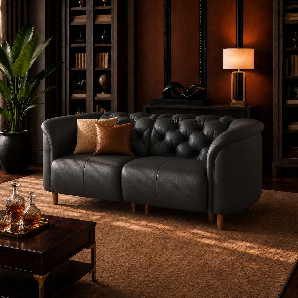 Partial Assembly Required Black Top Grain Leather 3 Seater Sofas