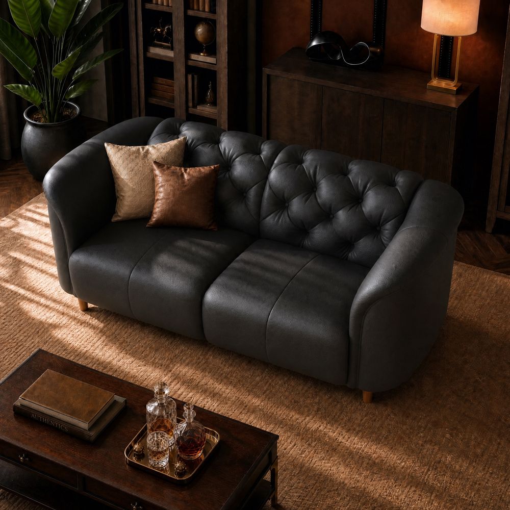 Mid Century Modern Black Top Grain Leather 3 Seater Sofas