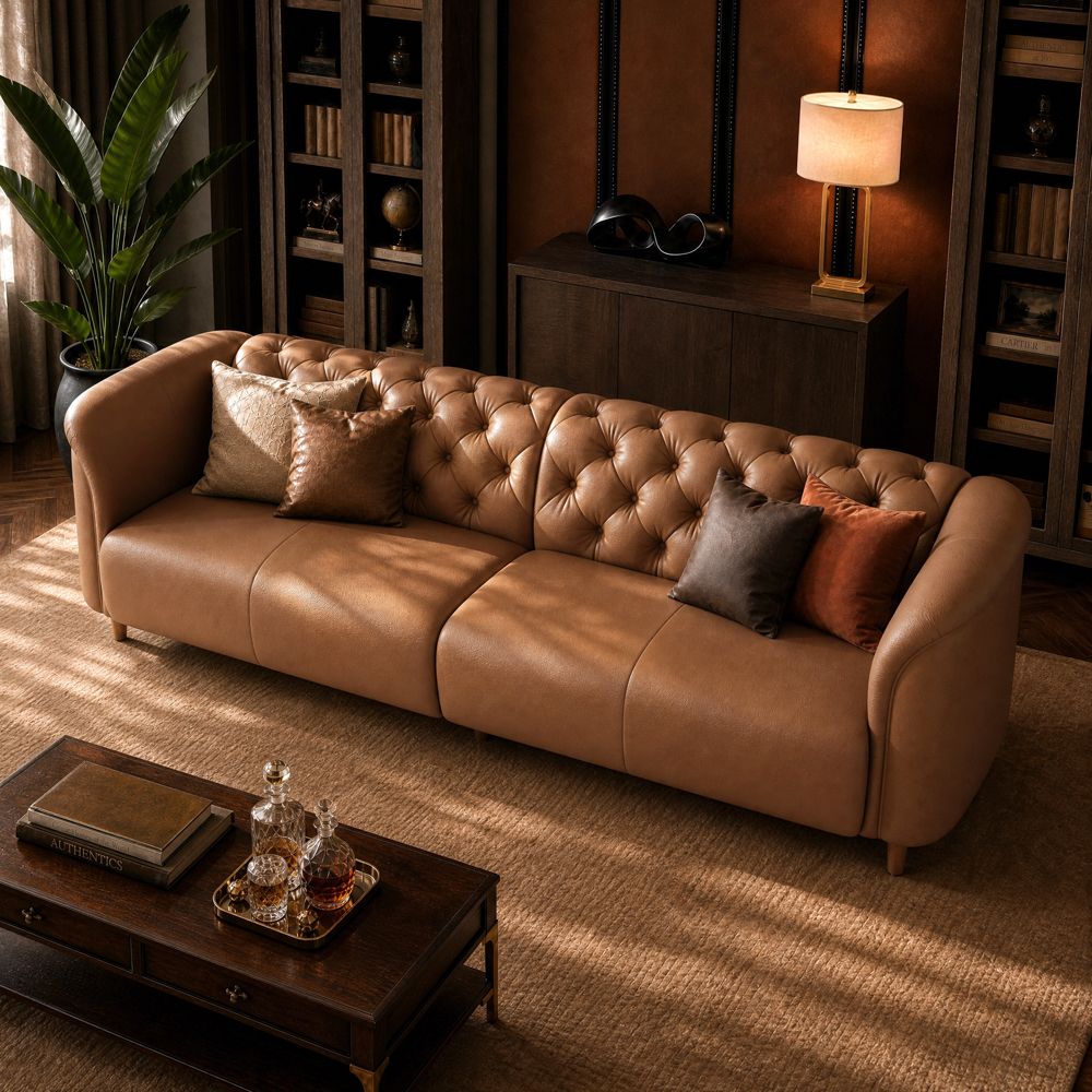 High Clearance Brown Top Grain Leather 3 Seater Sofas