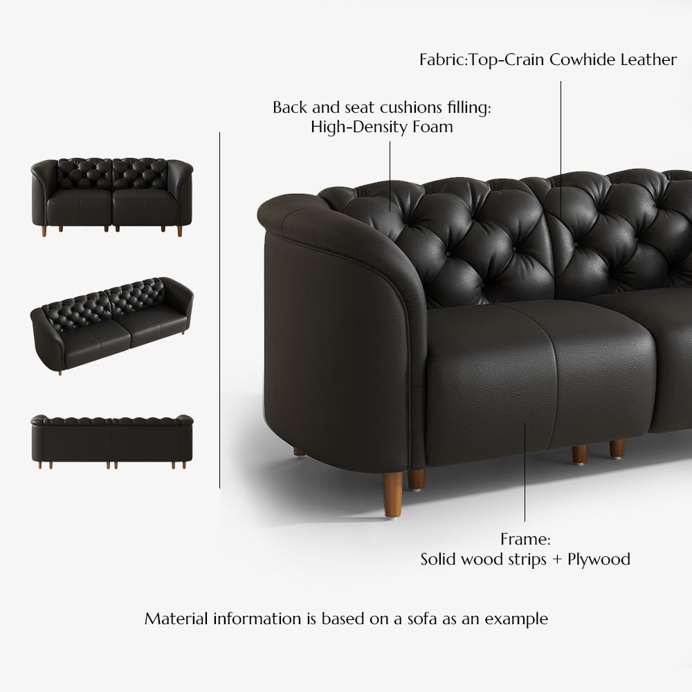Rolled Armrest Black Top Grain Leather 3 Seater Sofas