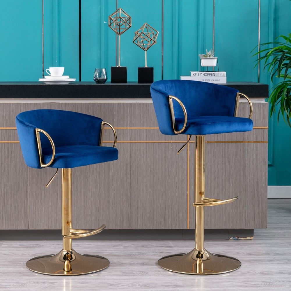 Slatted Design Blue Velvet Bar Stools