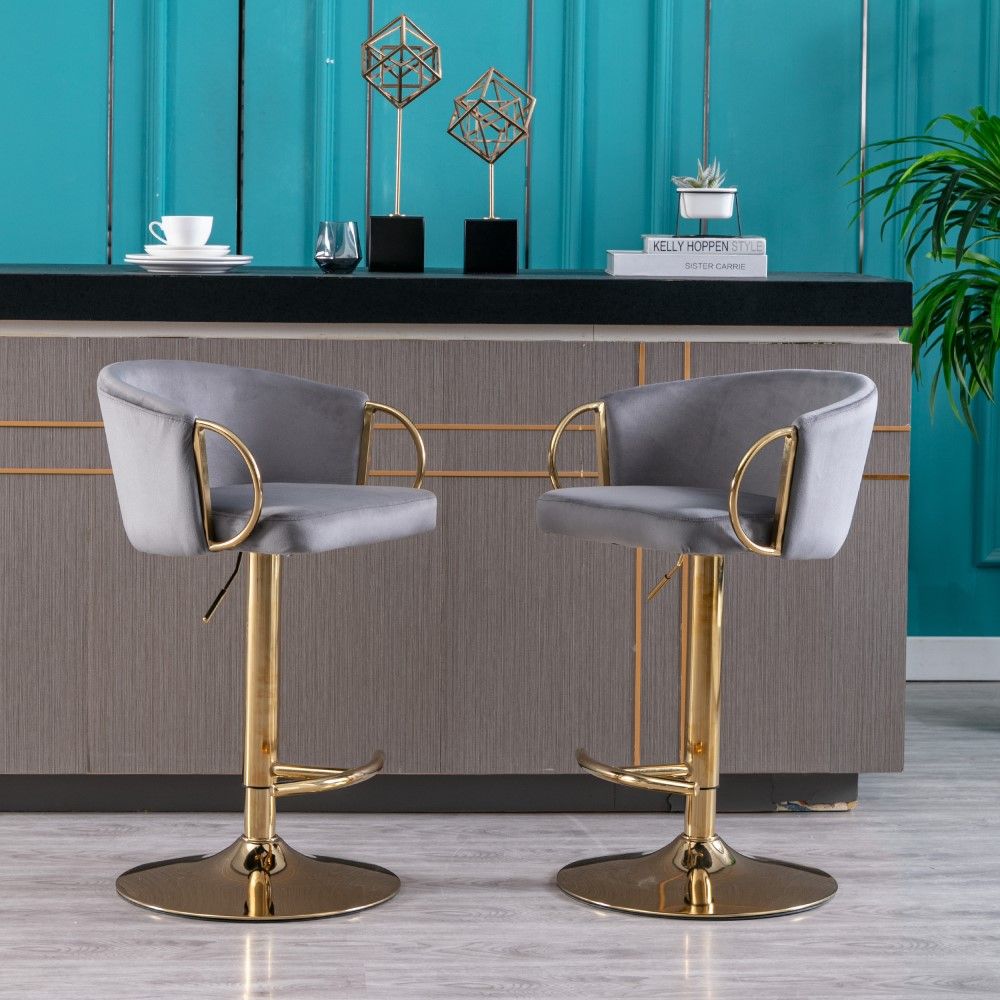 Wave Pattern Gray Velvet Bar Stools