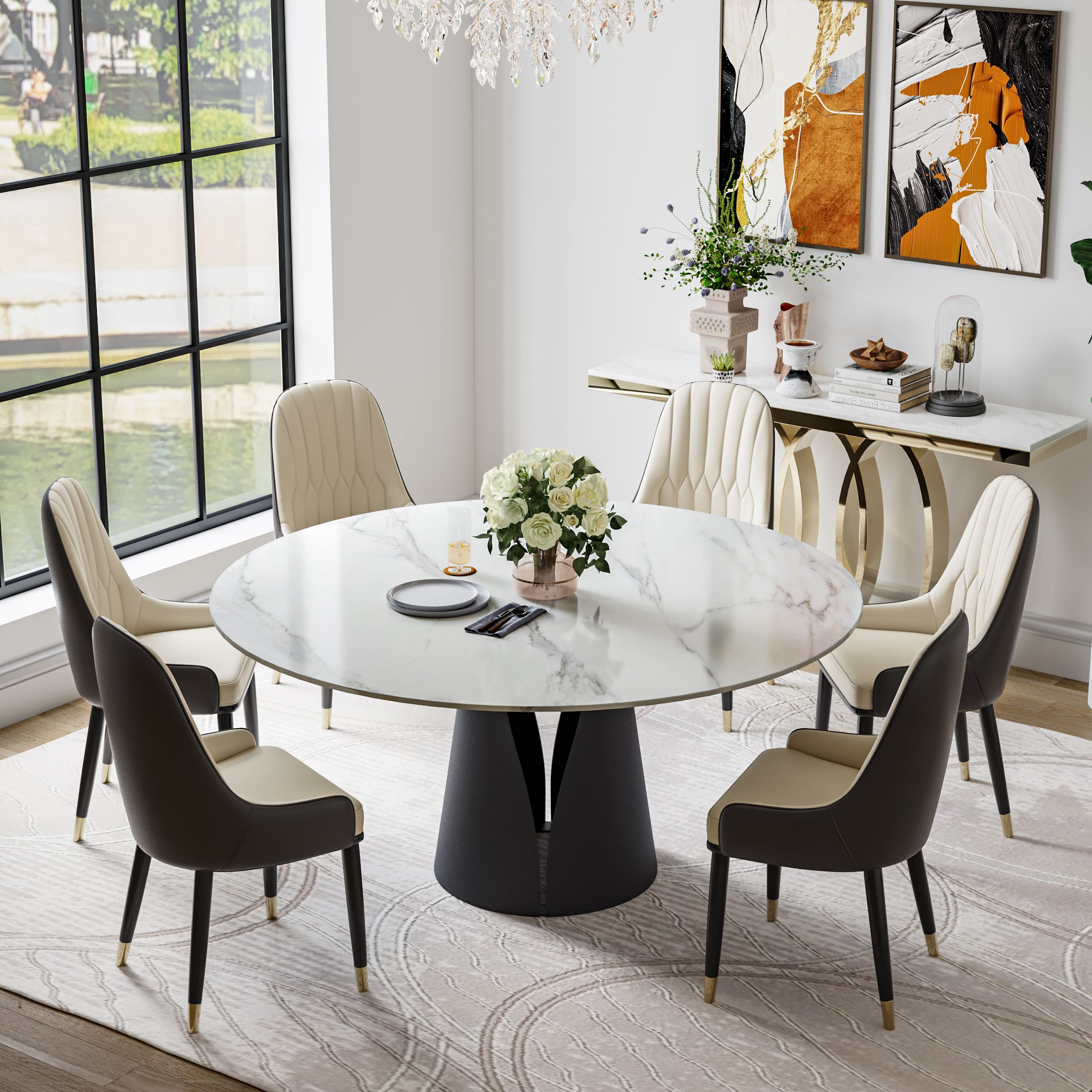 Metal Base White Matte Sintered Stone Dining Room Set