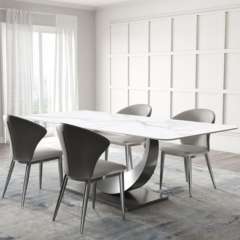 Metal Base White & Silver Glossy Sintered Stone Dining Tables