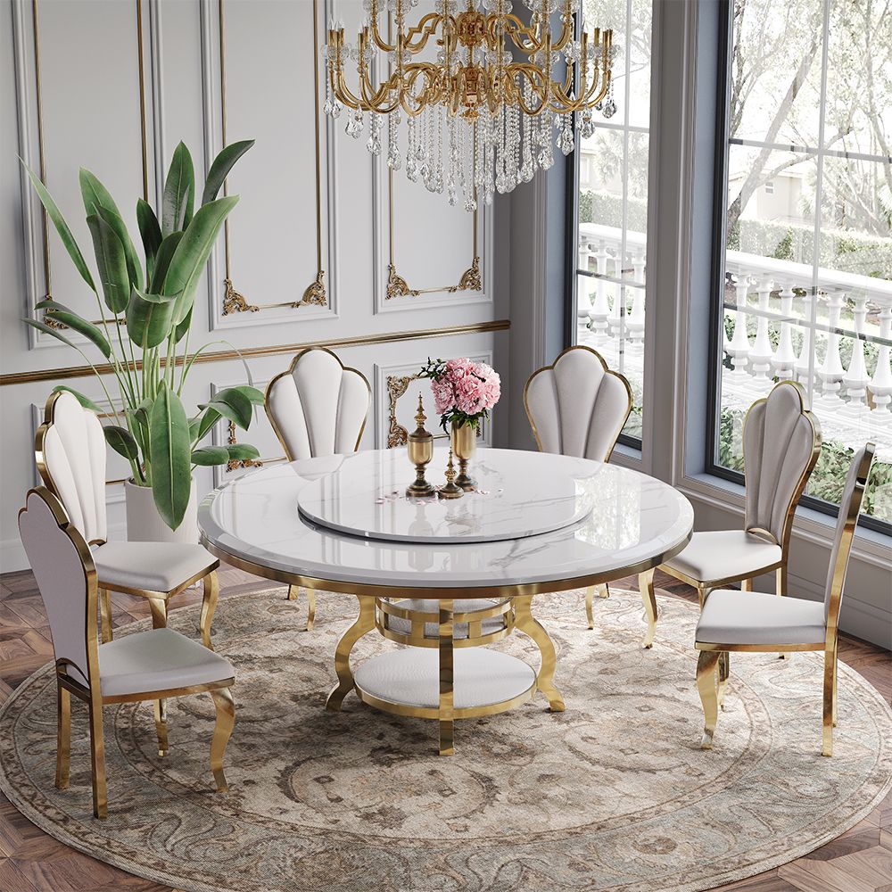 Round White Faux Marble Dining Room Set