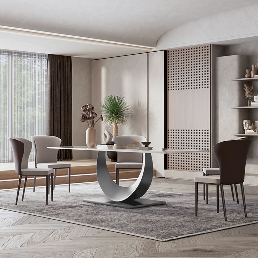 Rectangular White & Silver Glossy Sintered Stone Dining Tables