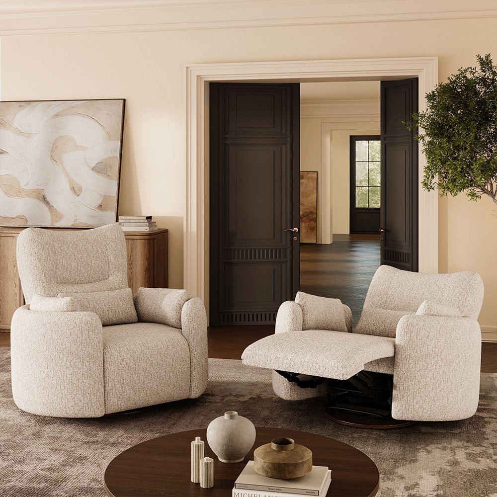 Power Outlet Beige Chenille Accent Chairs