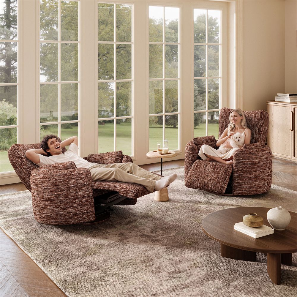 Curved Armrest Brown Chenille Accent Chairs