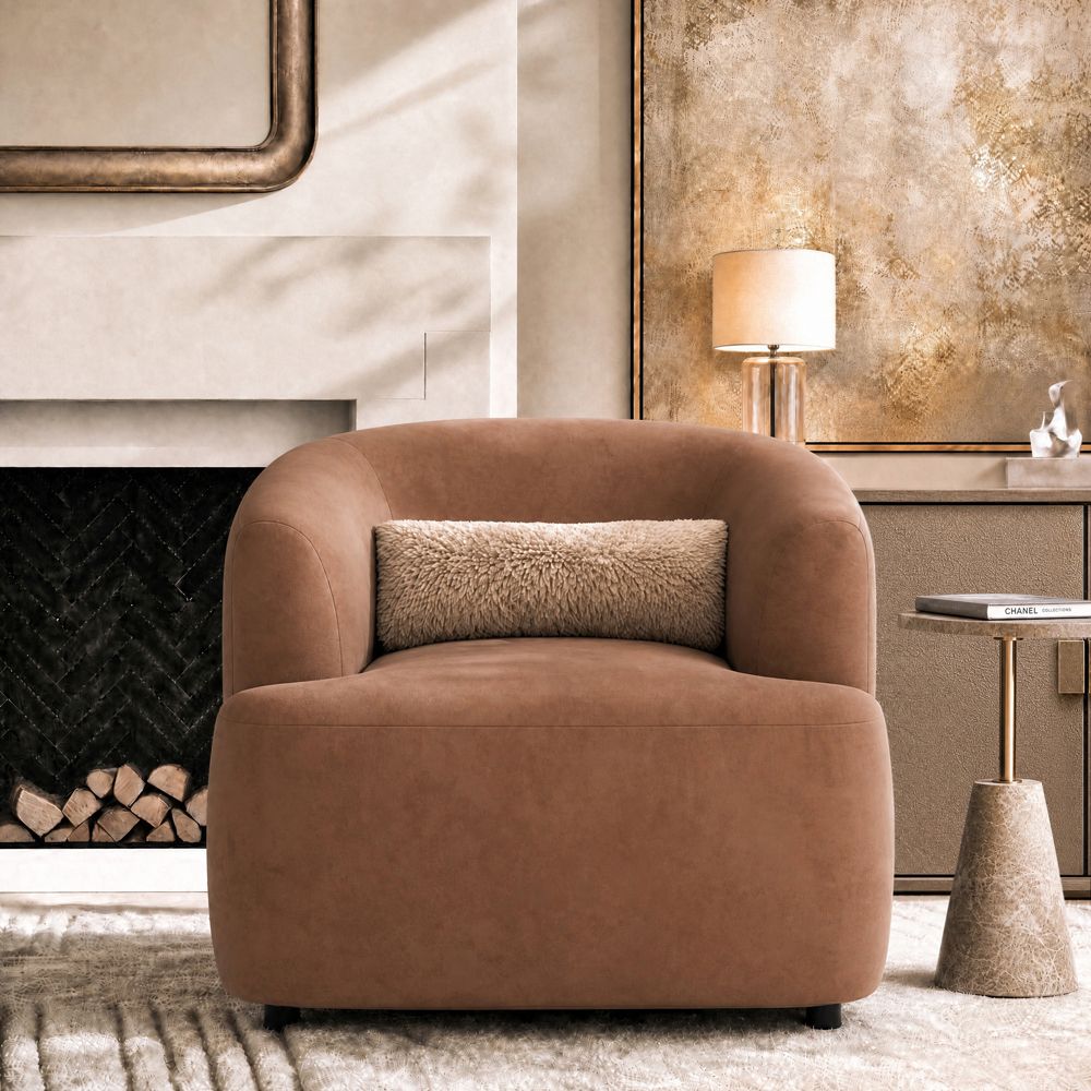 Single Piece Brown Suede Fabric Accent Chairs