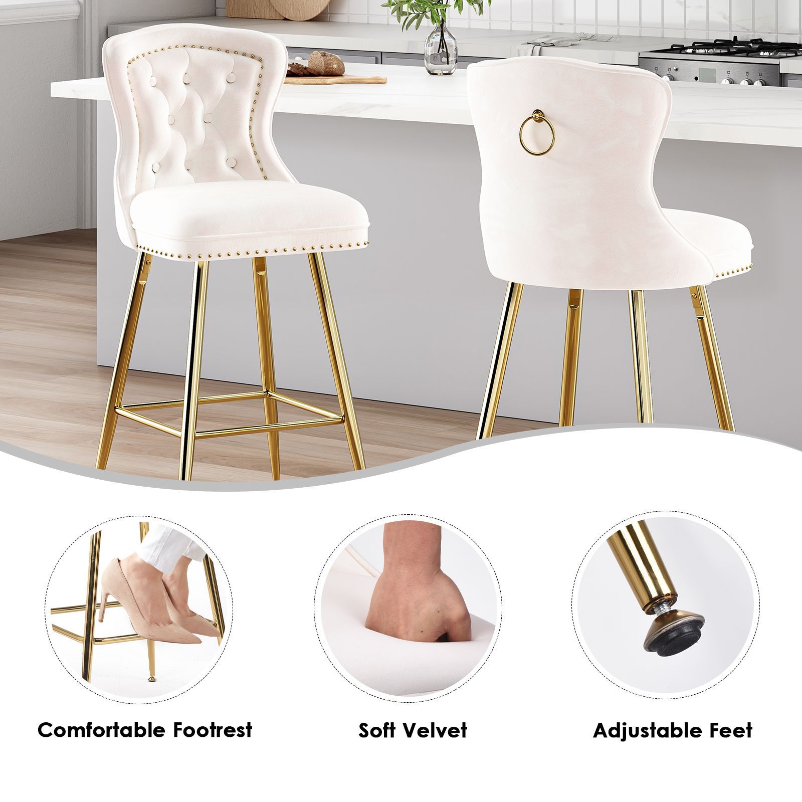 Modern Luxury Beige & Gold Velvet Bar Stools & Counter Stools