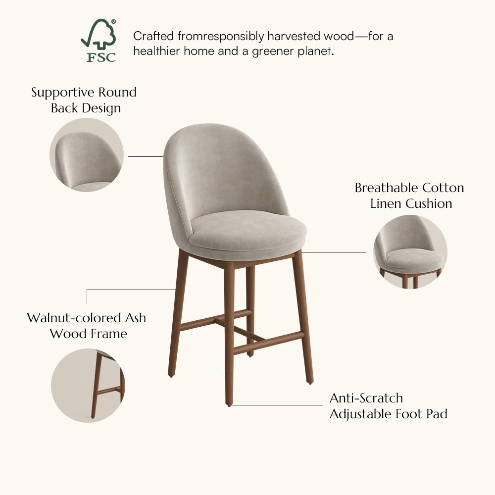 Counter Height Beige & Light Walnut Cotton Linen Bar Stools & Counter Stools