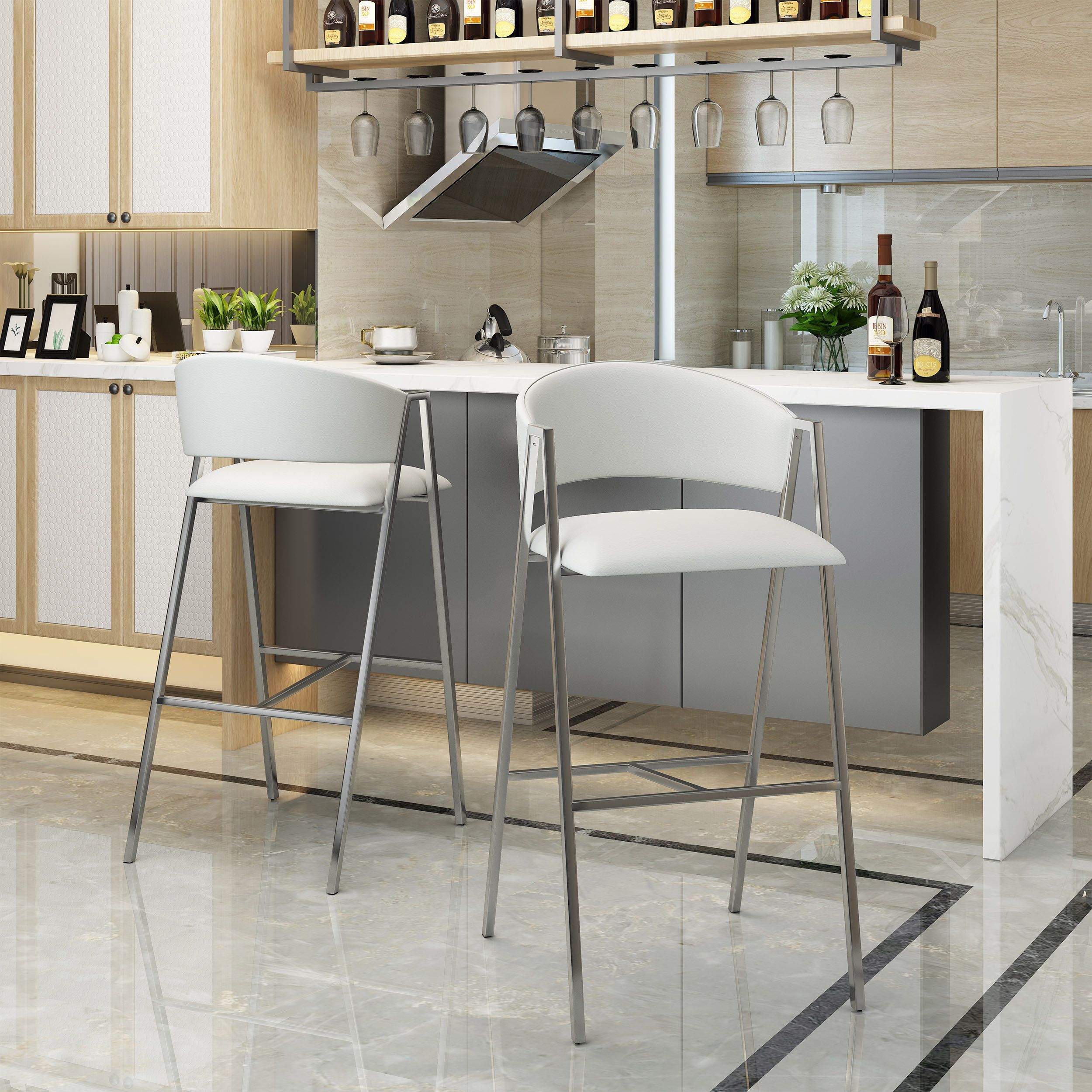 Bar Height Beige & Silver PU Leather Bar Stools & Counter Stools