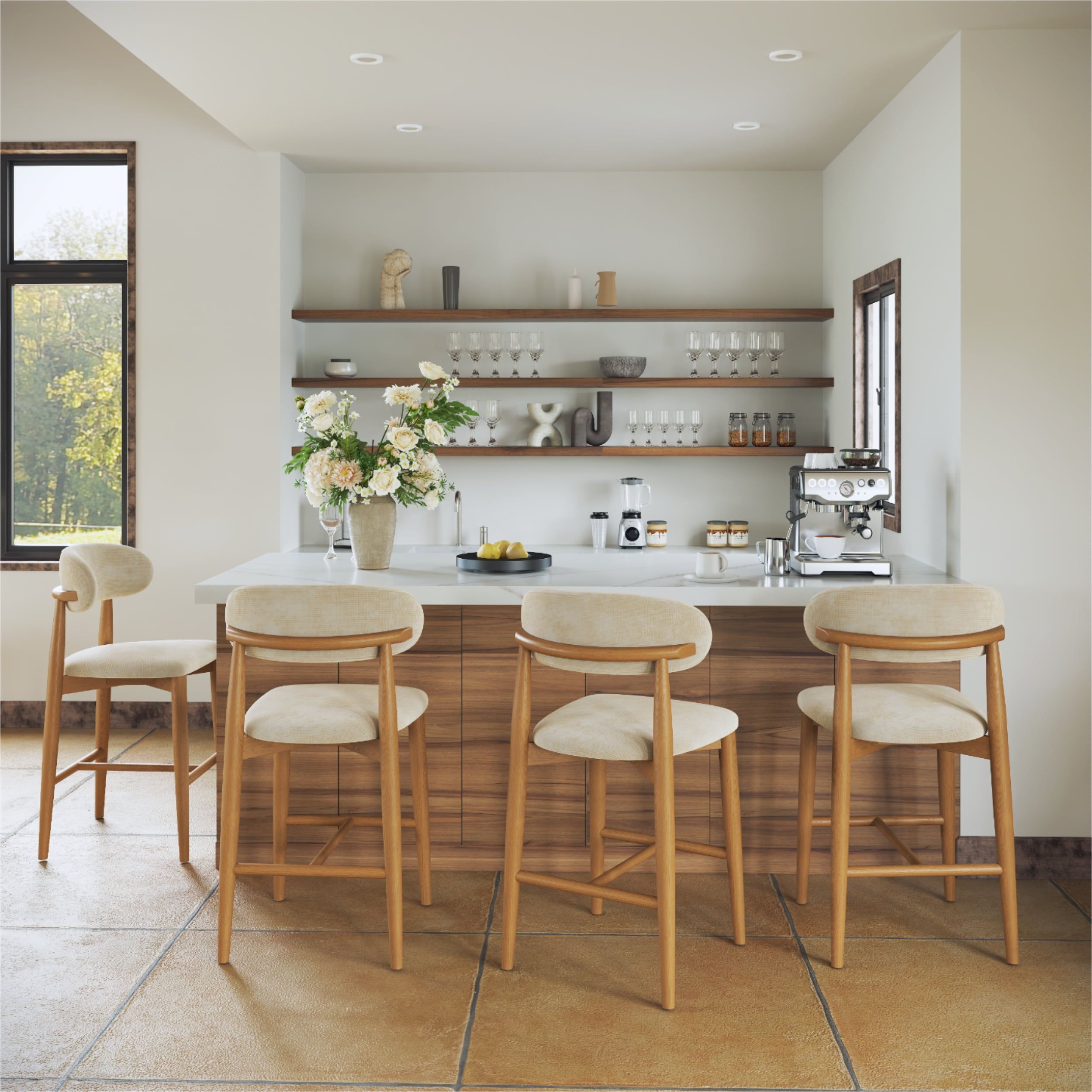 Wood Beige & Light Walnut Cotton Linen Bar Stools & Counter Stools