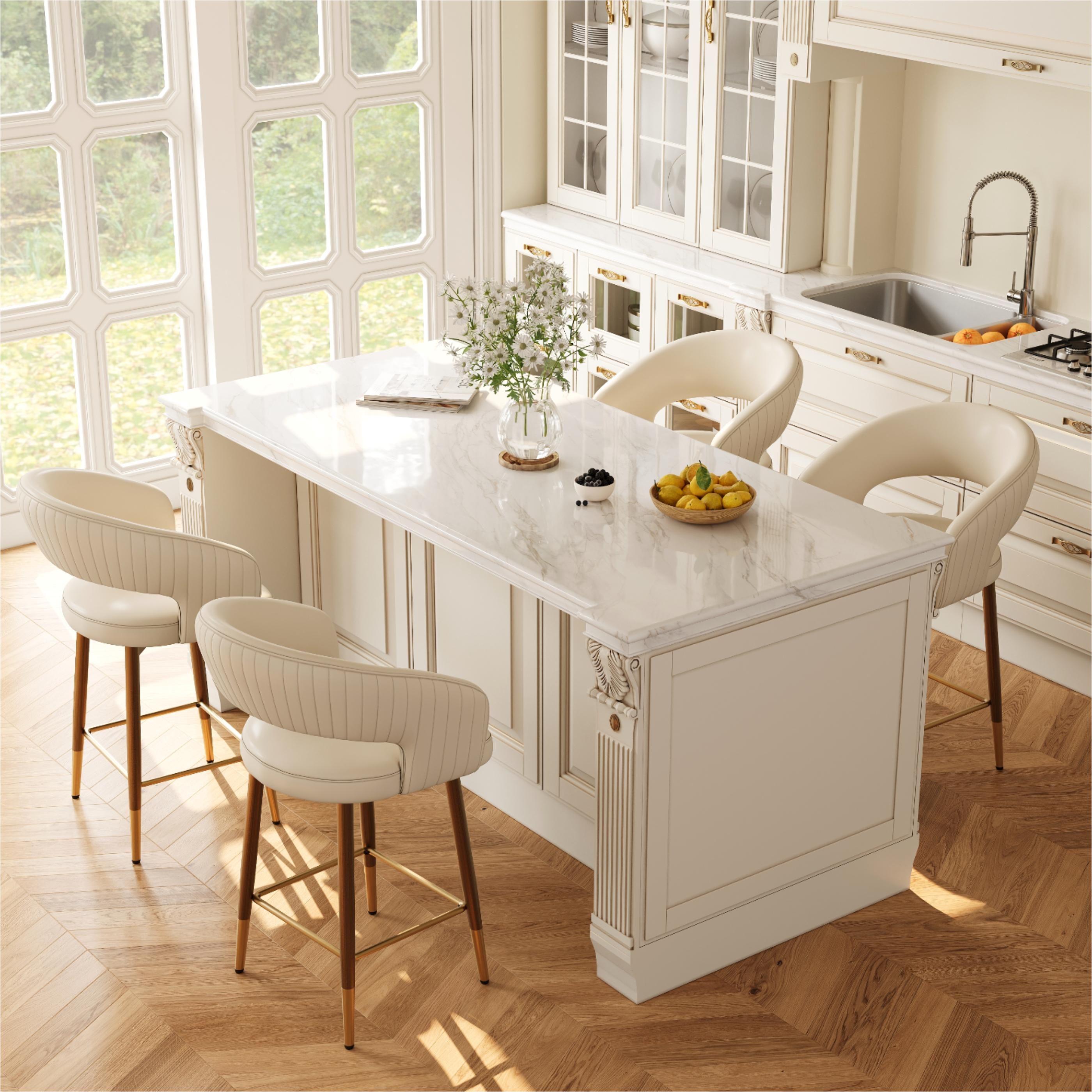 Beige & Bronze PU Leather Bar Stools & Counter Stools