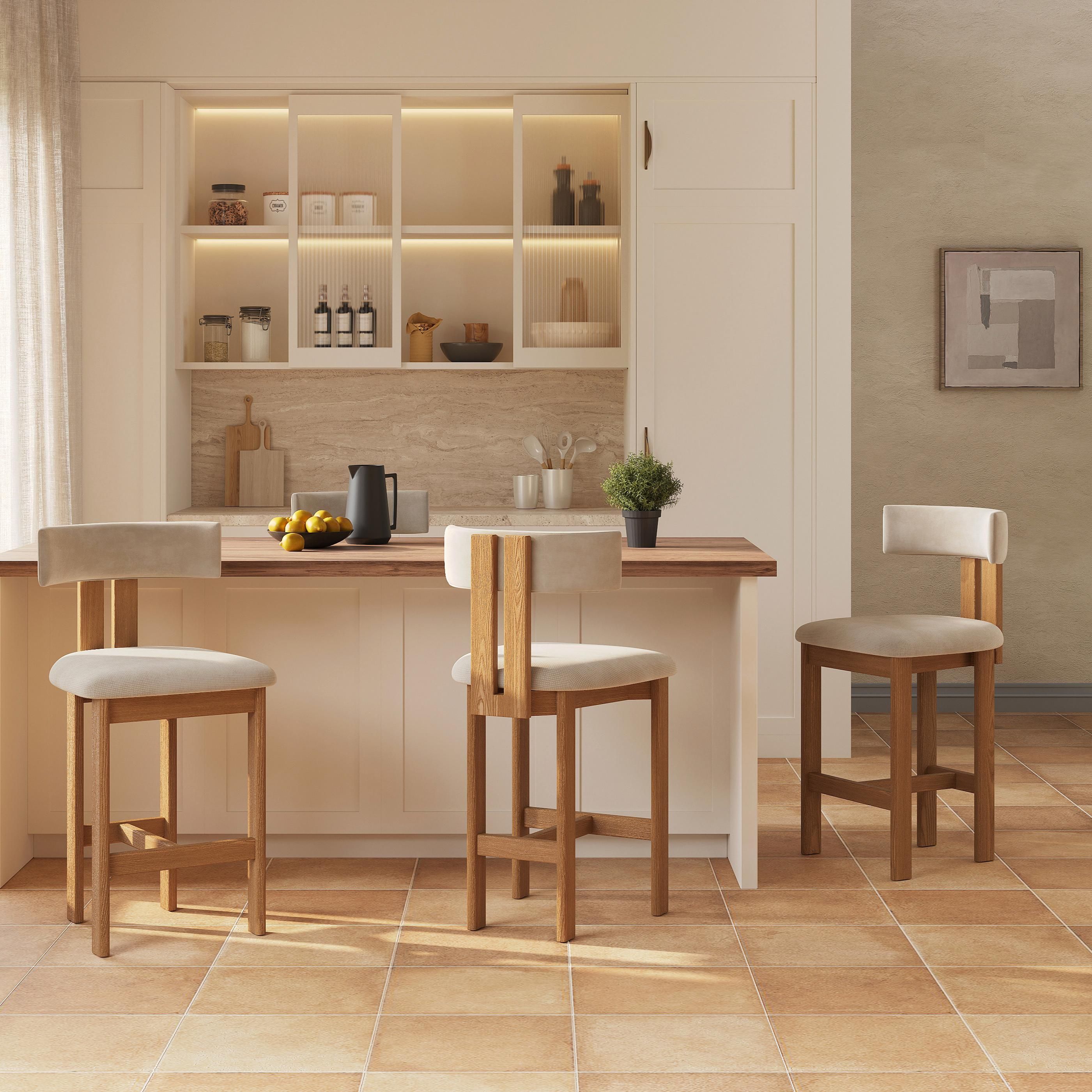 Beige Beige & Light Walnut Cotton Linen Bar Stools & Counter Stools