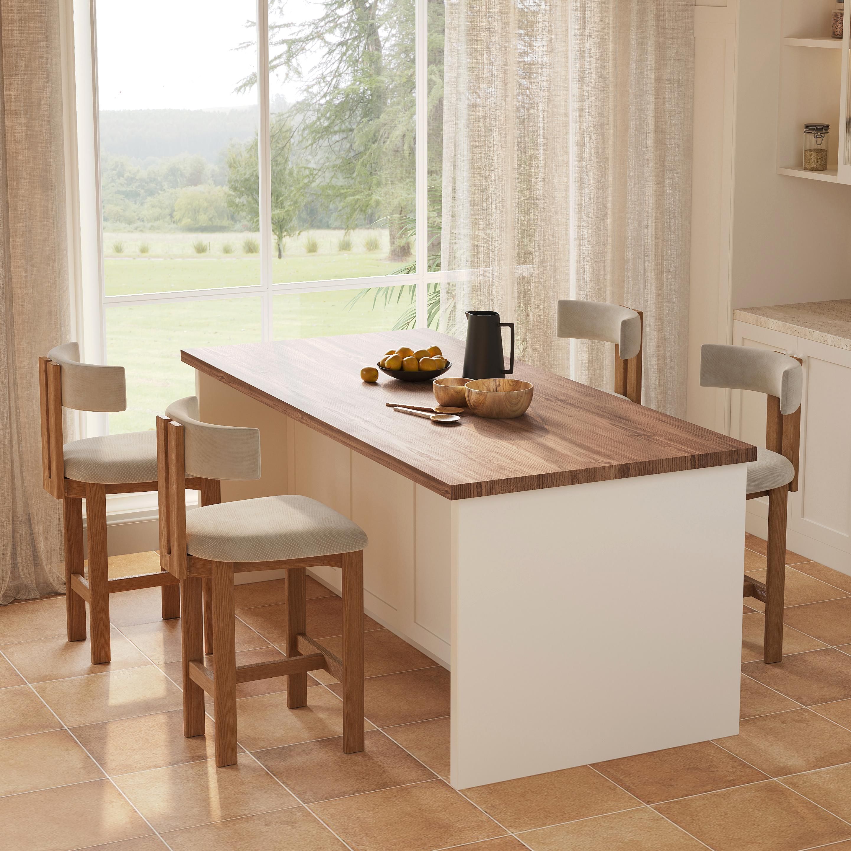 Mid Century Modern Beige & Light Walnut Cotton Linen Bar Stools & Counter Stools