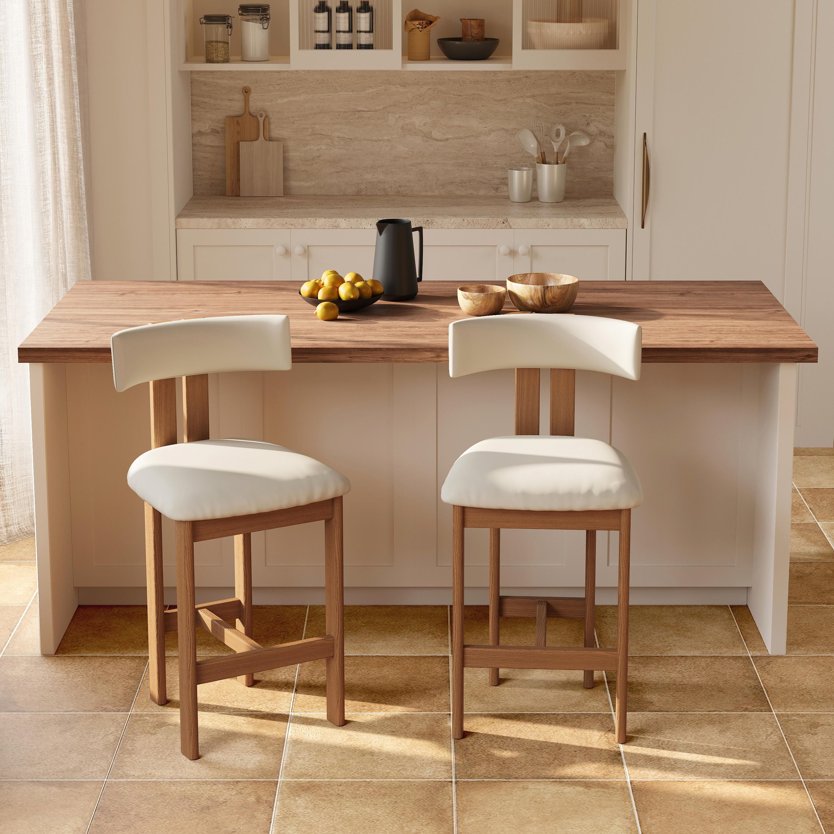 Solid Wood Beige & Light Walnut PU Leather Bar Stools & Counter Stools