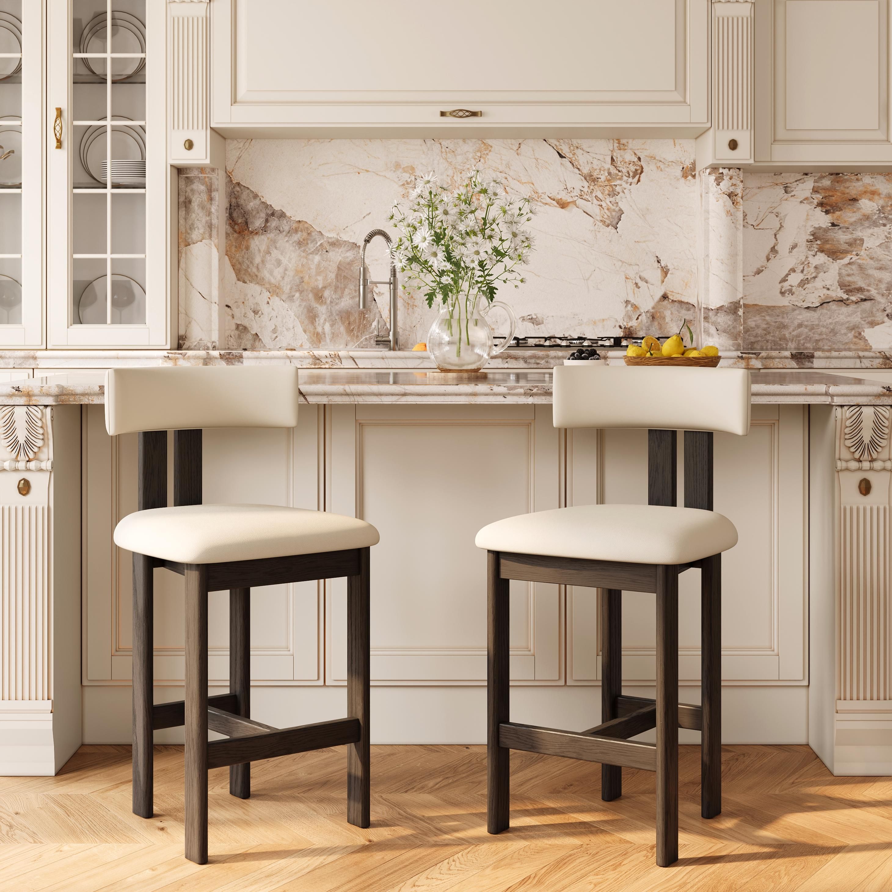 Cotton Linen Beige & Black PU Leather Bar Stools & Counter Stools