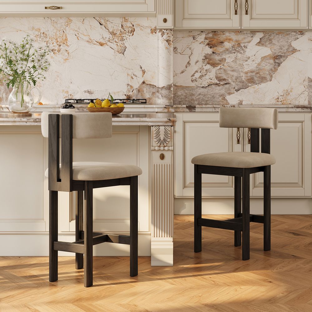 Mid Century Modern Beige & Black Cotton Linen Bar Stools & Counter Stools