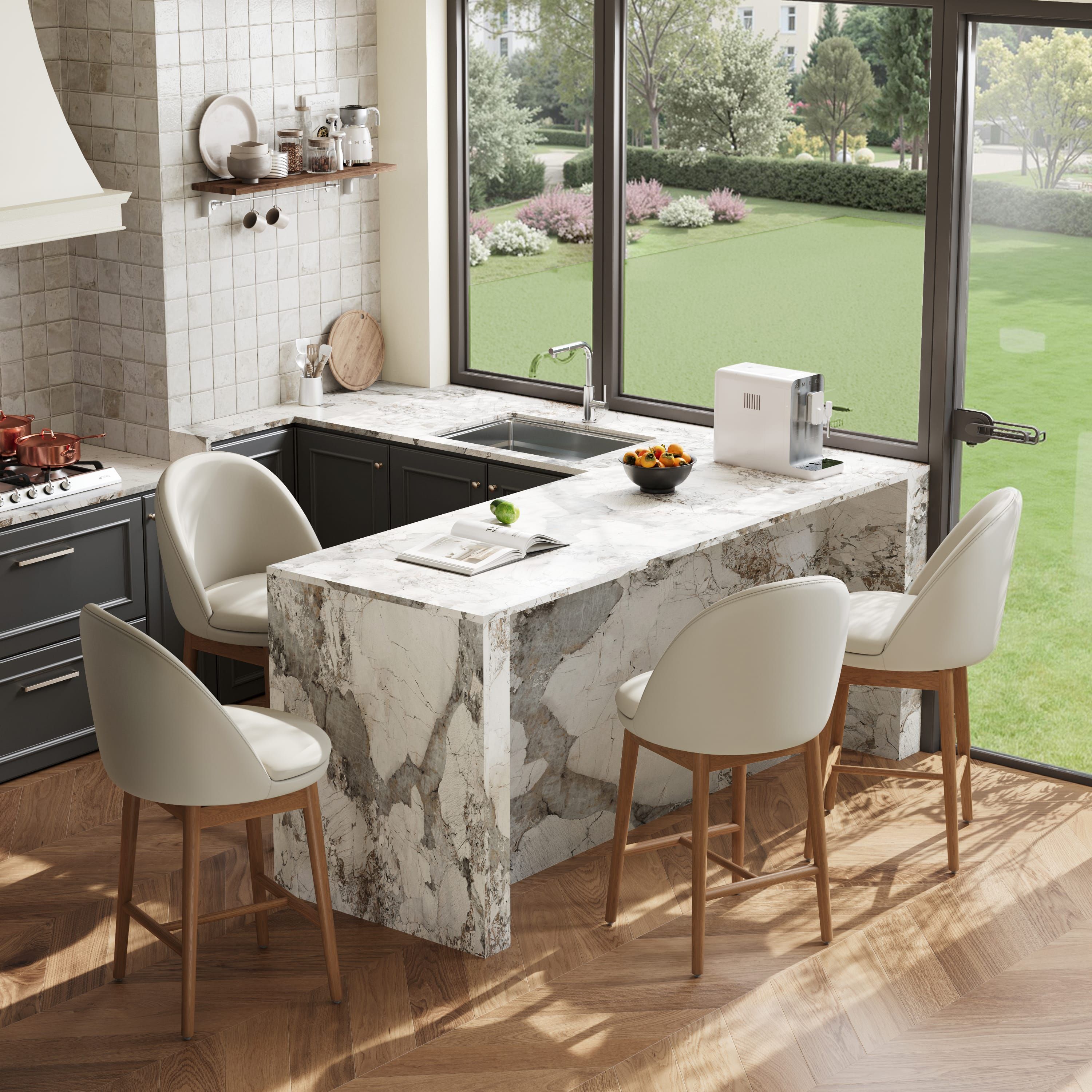 Cotton Linen Beige & Light Walnut PU Leather Bar Stools & Counter Stools