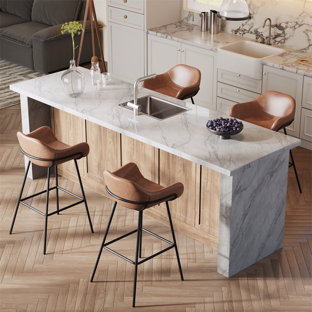 Mid Century Modern Brown PU Leather Bar Stools & Counter Stools