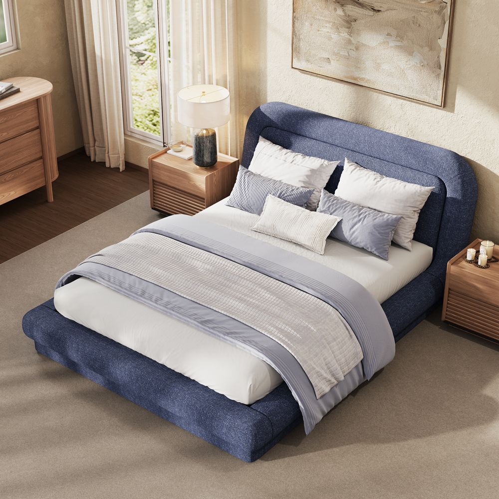Low Profile Bed Dark Blue Chenille Beds