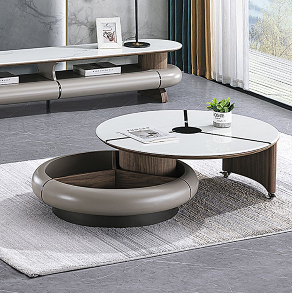 Round Modern Rotating Coffee Table,with Microcrystalline Stone Tabletop & Storage
