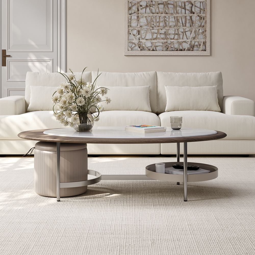 Oval Luxury Microcrystalline Stone Coffee Table, With Metal Frame