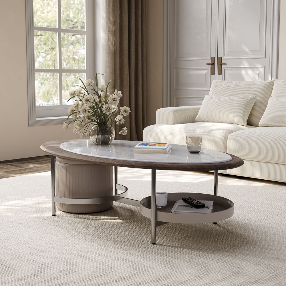 Oval Microcrystalline Stone Coffee Table,Walnut & Grey