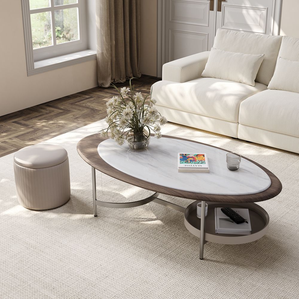 Oval Elegant Microcrystalline Stone Coffee Table, With Metal Frame,Walnut & Grey