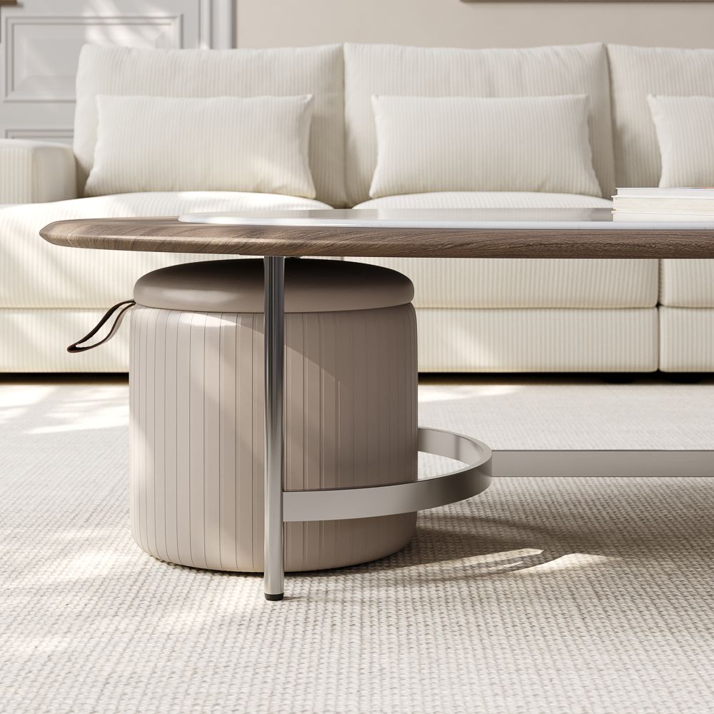 Oval Elegant Microcrystalline Stone Coffee Table, With Wheels,Walnut & Grey