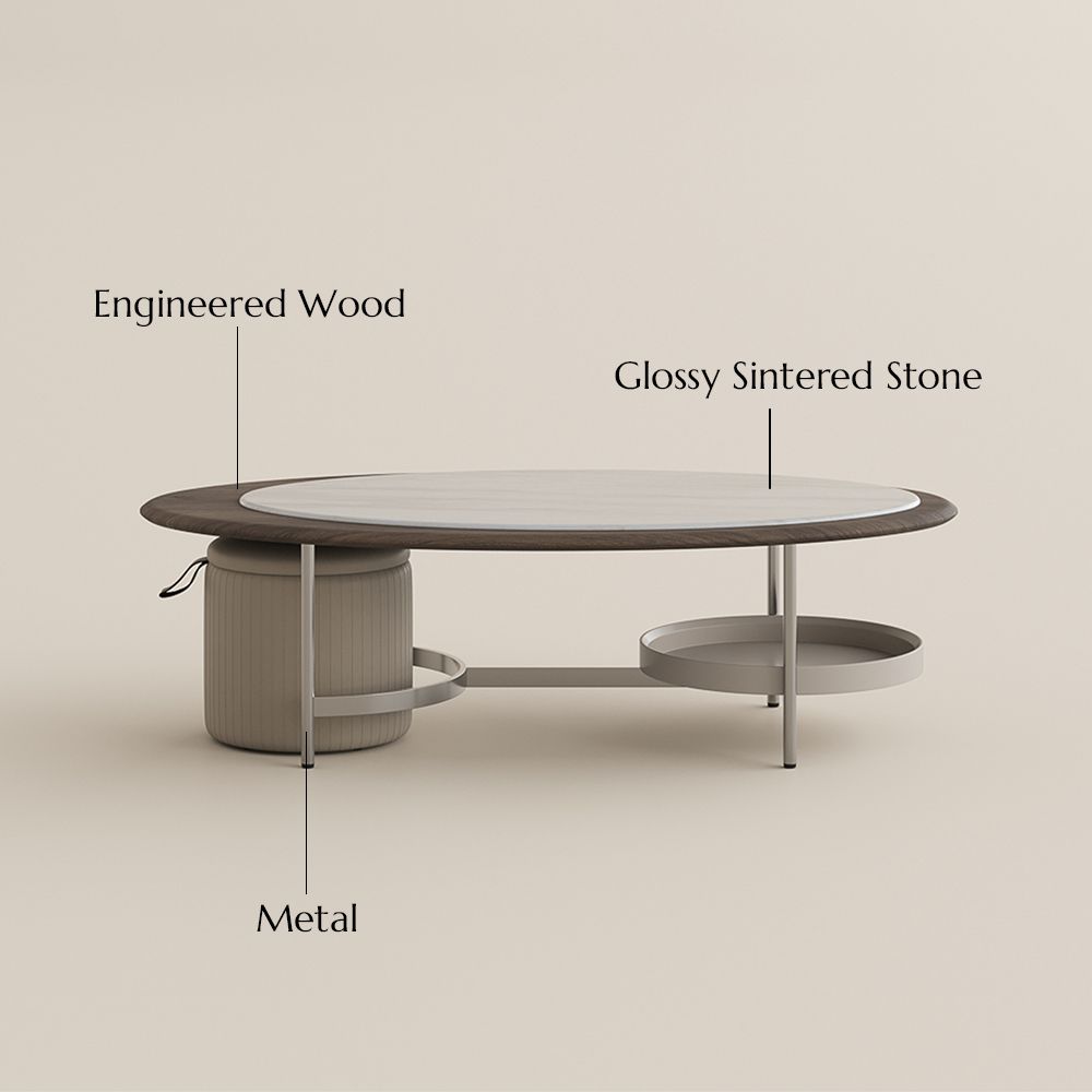 Modern Luxury Walnut & Gray Glossy Stone Coffee Tables