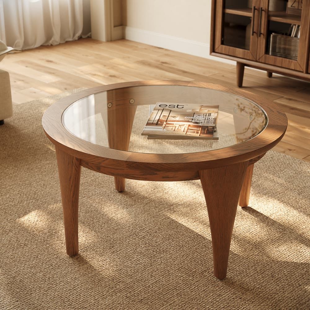 Round Walnut Color Ash Wood Coffee Tables