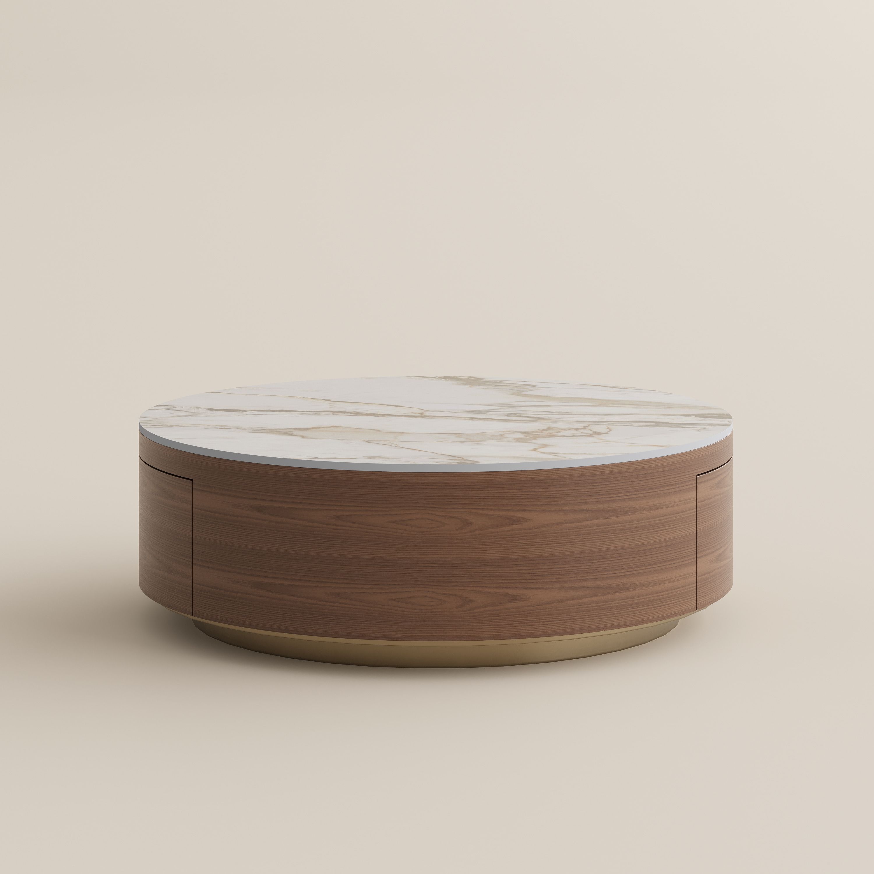 Round Walnut & White Sintered Stone Coffee Tables