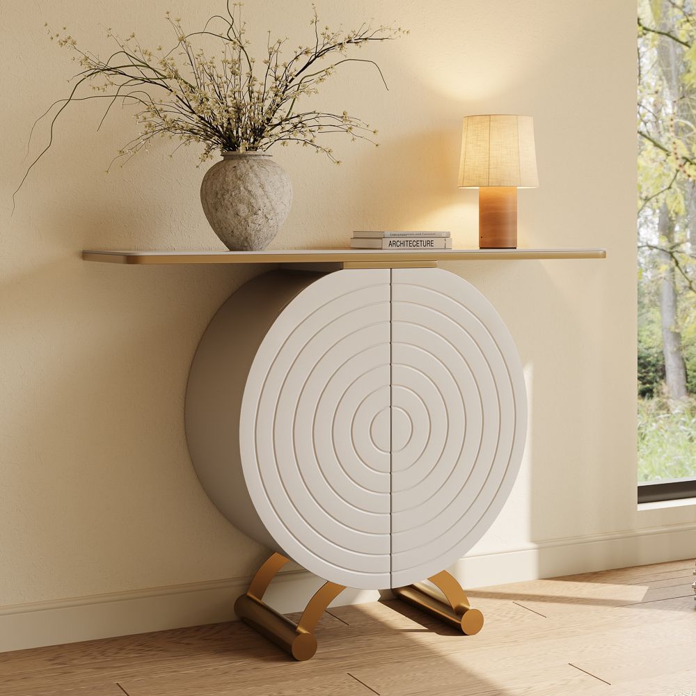 Sintered Stone White & Golden Engineered Wood Console Tables