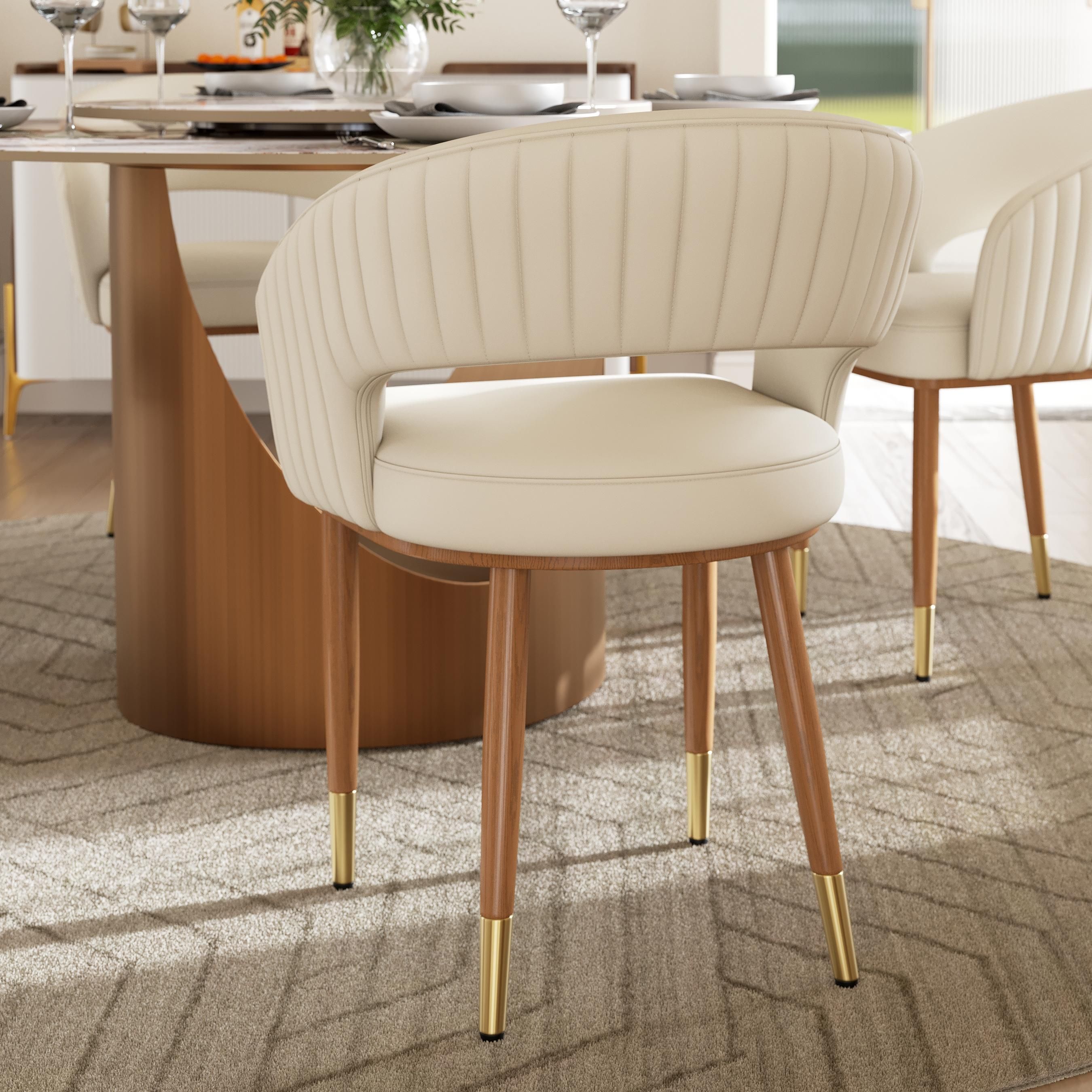 Modern Beige & Light Walnut PU Leather Dining Chairs