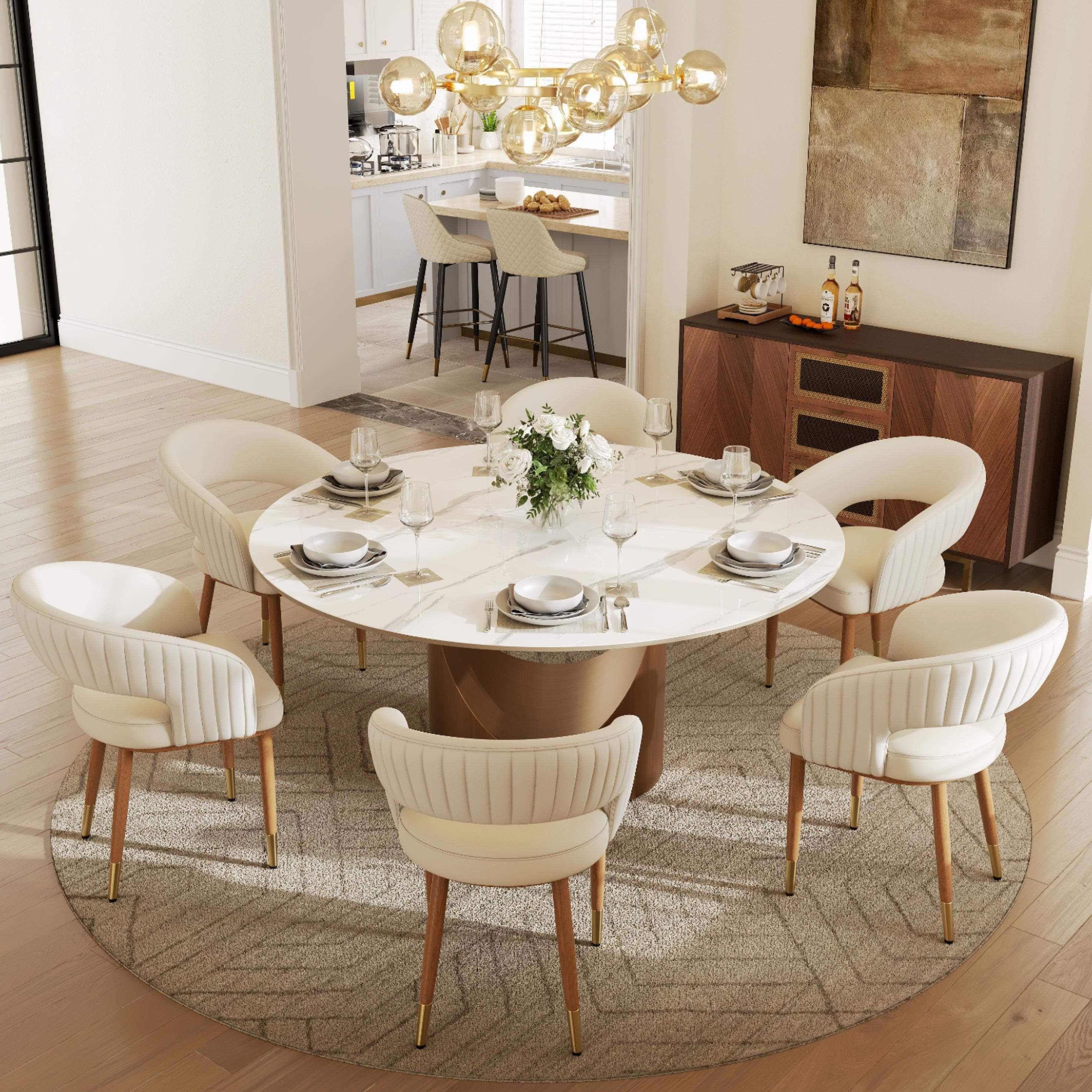 Modern Luxury Beige & Light Walnut PU Leather Dining Chairs