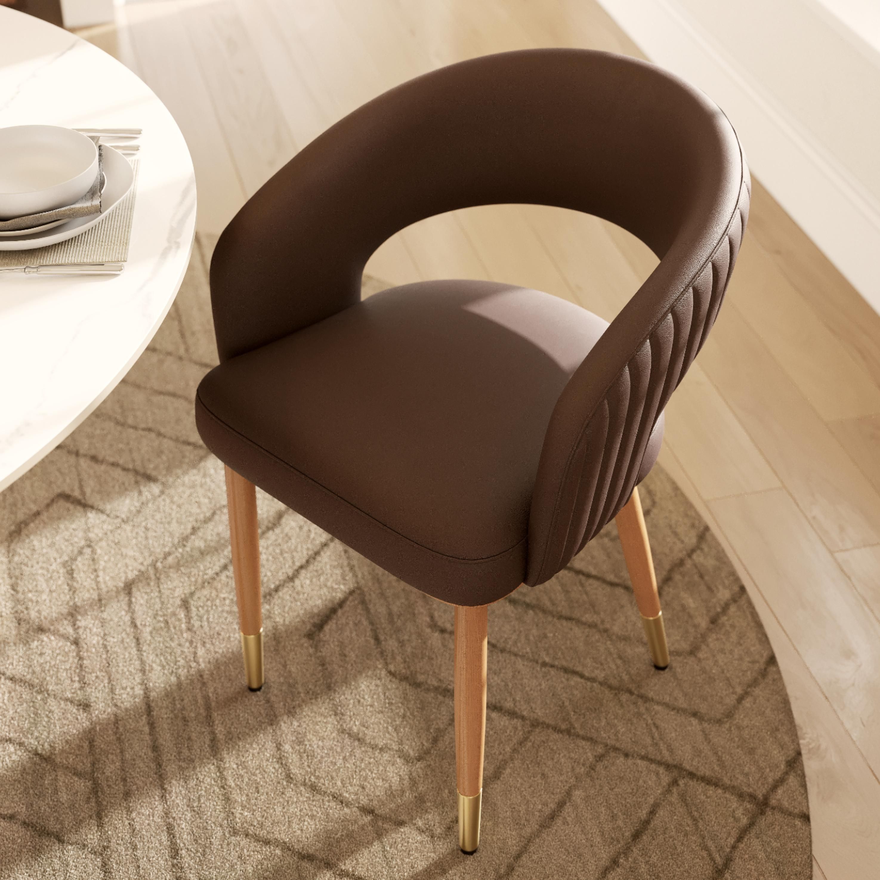 Wood Leg Brown PU Leather Dining Chairs