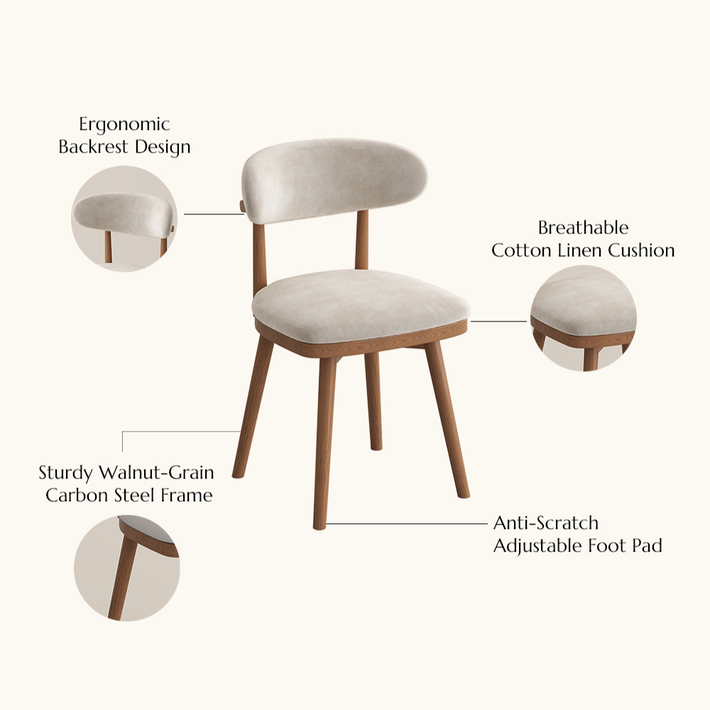 Wood Leg Beige & Light Walnut Cotton Linen Dining Chairs