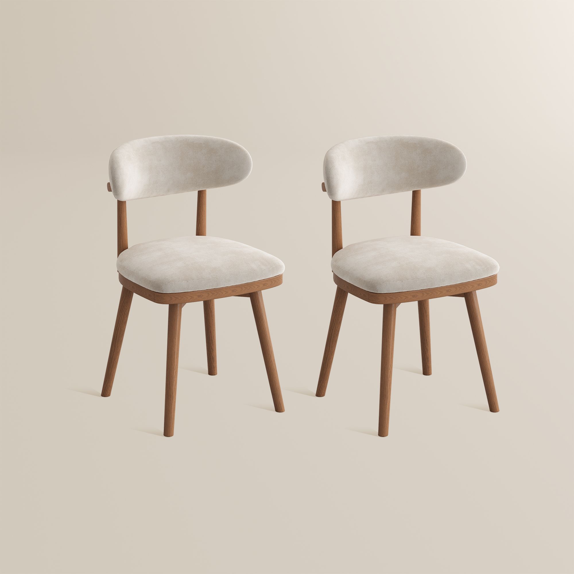 Wood Leg Beige & Light Walnut Cotton Linen Dining Chairs