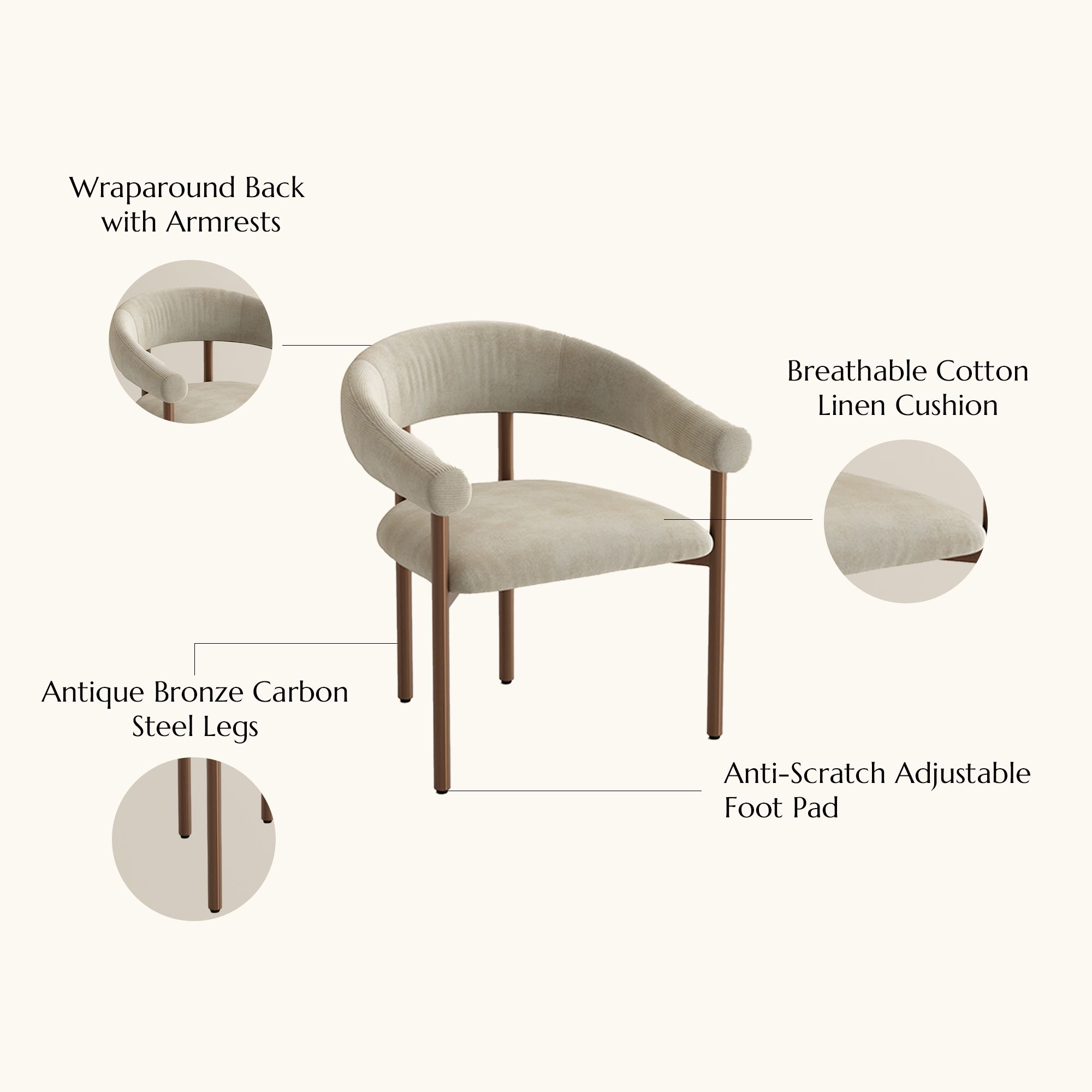 Carbon Steel Beige & Bronze Cotton Linen Dining Chairs