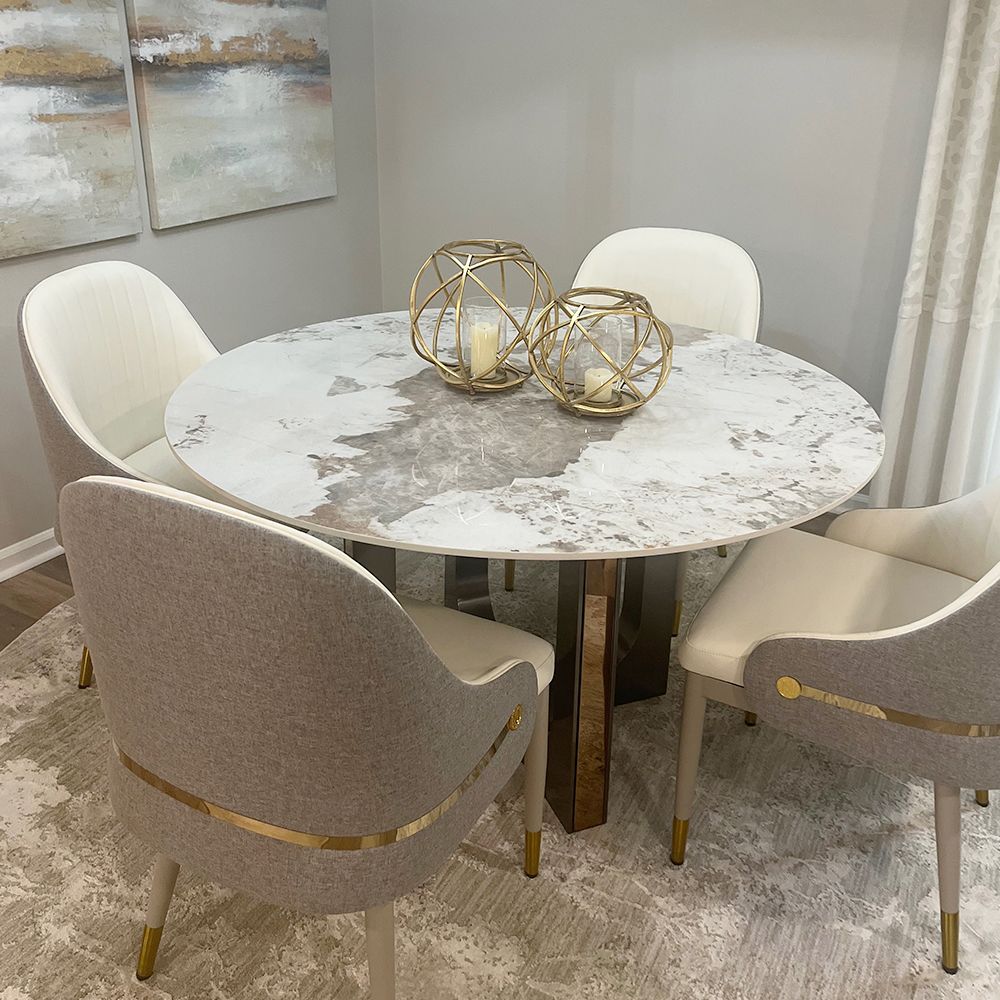 Upholstered Beige & Gray PU Leather & Cotton Linen Dining Chairs