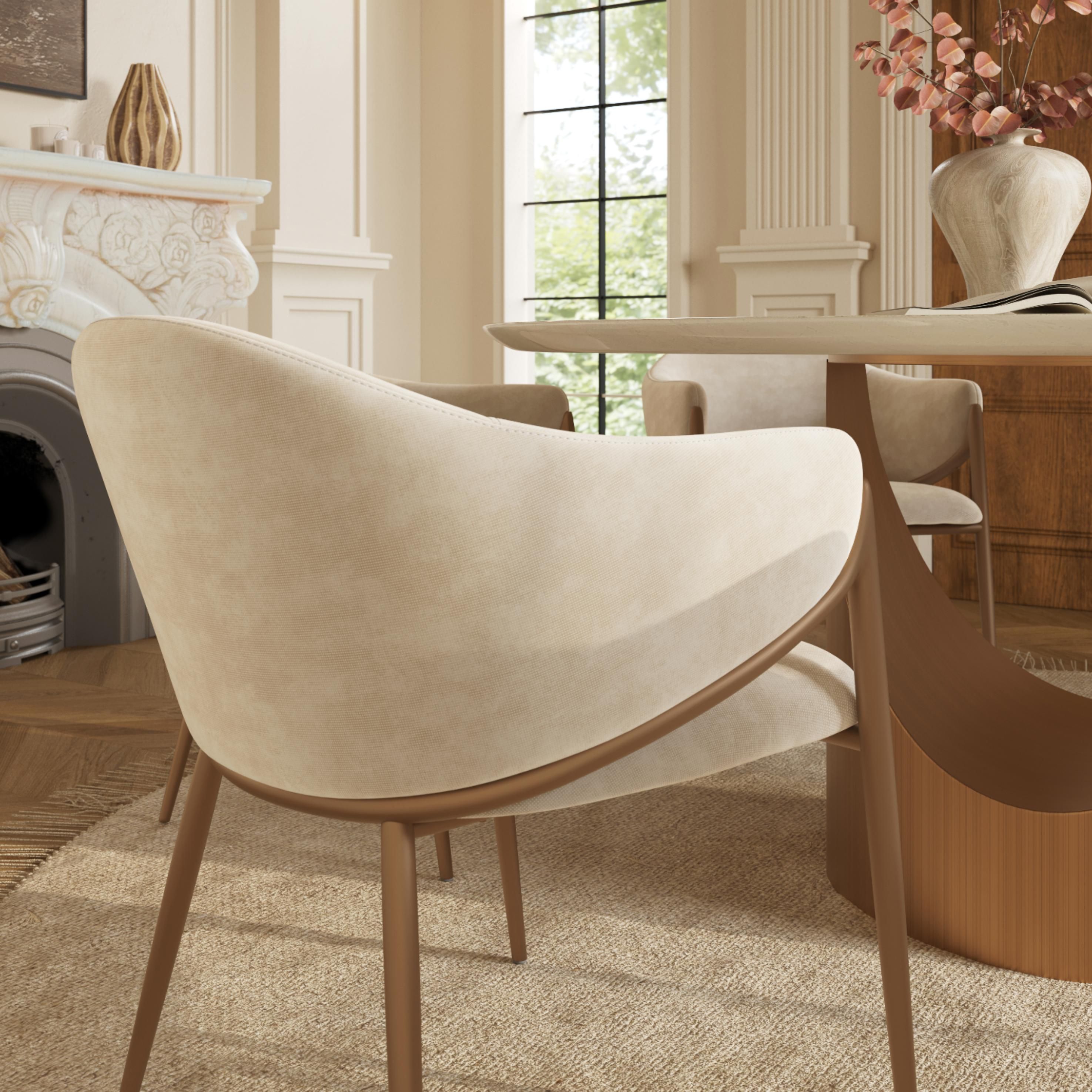 Mid Century Modern Beige & Bronze Cotton Linen Dining Chairs